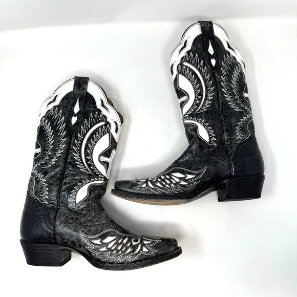 J.B. Dillon Black White Goat Leather Cowgirl Boots 6 Wings Cross Mexico Western - Picture 12 of 12